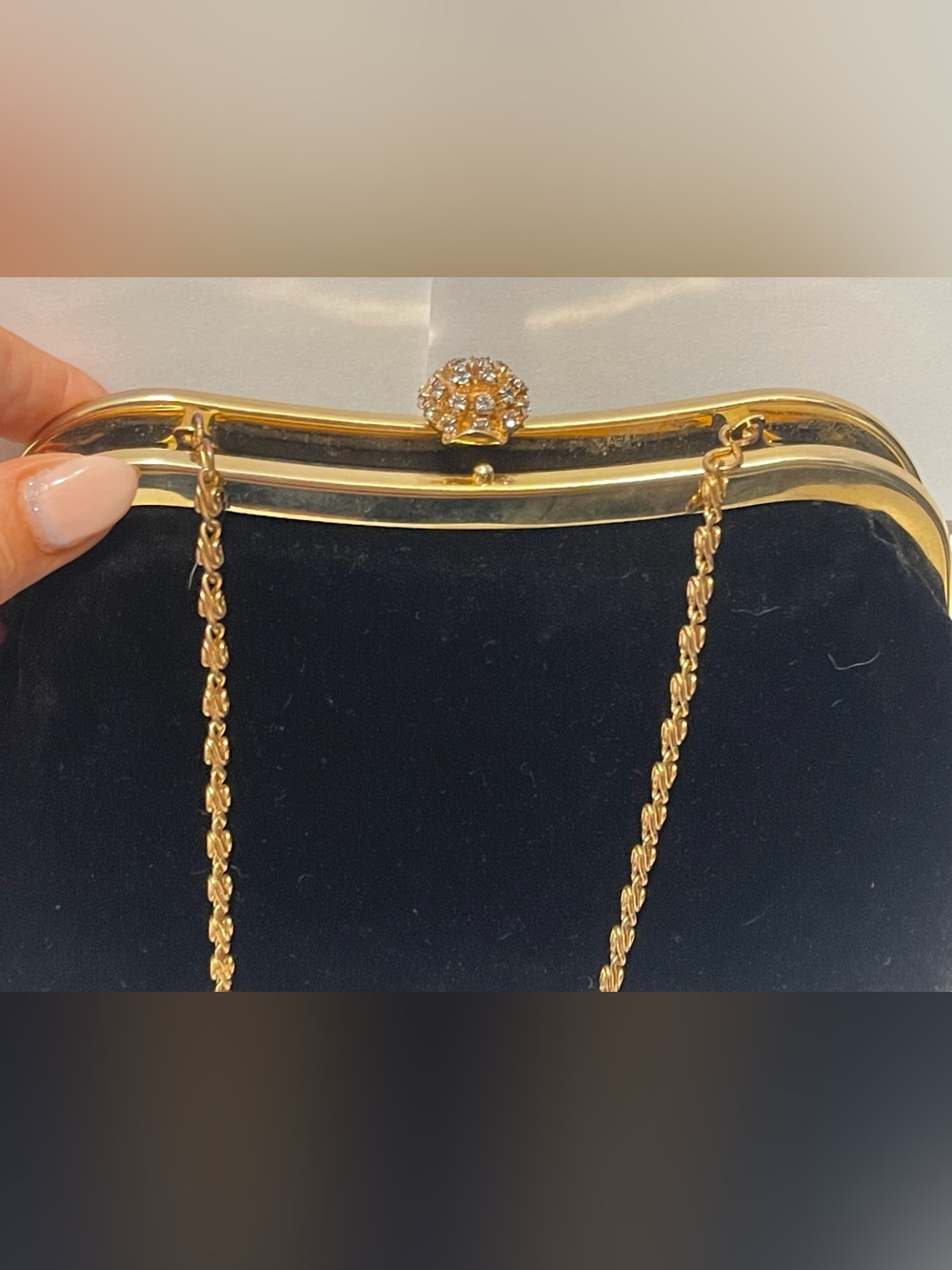La Regale Black Velvet Clutch with Gold Frame and Crystal Kiss Lock